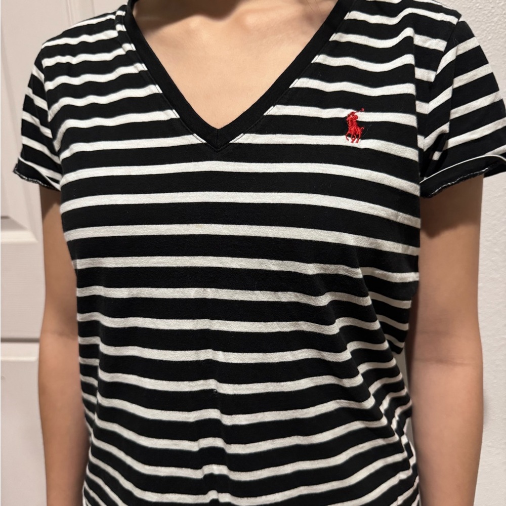 Polo Ralph Lauren Black and White Striped V-Neck Tee Red Pony
